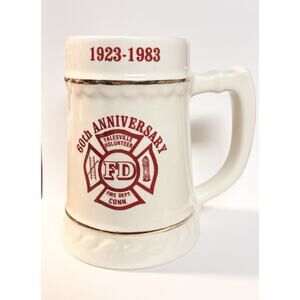 1983 Fire Dept Mug 60th Anniv Hook Ladder Seal Emblem Stein Cup Connecticut FD